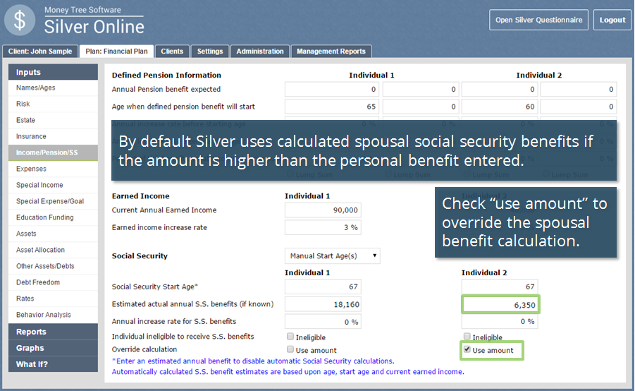 New option on Social Security input "use amount"