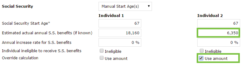 Benefit amounts entered - new "use amount" option checked