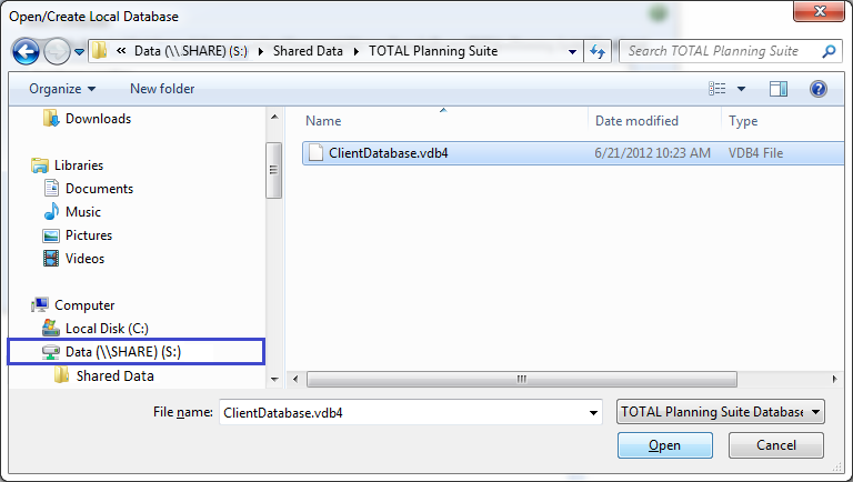 TOTAL Planning Suite Add Database Location